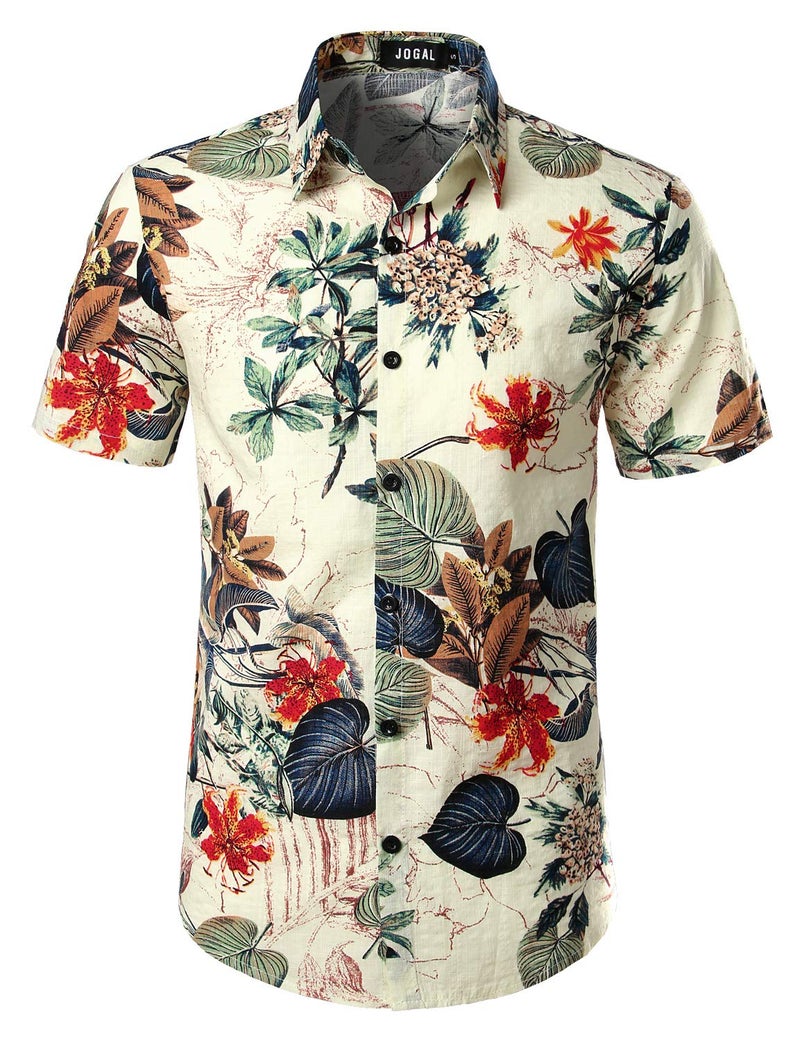 JOGAL Men's Flower Casual Button Down Short Sleeve Hawaiian Shirt 3X-Large White - Image 2